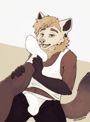 american_marten anthro ass blonde_hair bottomwear breath brown_body brown_fur bulge clothed clothing disembodied_leg duo ear_piercing ear_ring feet foot_fetish foot_sniffing footwear fur gulonine hair hi_res looking_at_viewer male mammal marten musk musk_clouds mustelid musteline open_bottomwear open_clothing open_mouth open_pants panting pants piercing ring_piercing shirt sidecut sniffing sniffing_sock socks tank_top topwear underwear white_body white_clothing white_footwear white_fur white_socks white_underwear yellow_body yellow_fur zeki_(zekimarten) zekimarten