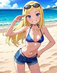 2025 ai_generated beach belly bikini_under_clothes bikini_under_shorts black_sunglasses blue_bikini blue_eyes brown_eyebrows cartoon_network dc_comics dcau deviantart elryusam meta not_porn pink_cheeks short_jeans sunglasses_on_head teen_titans teeth_showing terra tummy