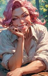 adult adult_female adult_woman after_blowjob after_oral after_oral_penetration ai ai_generated ara_ara baggy_clothes baggy_clothing baggy_shirt big_lips cum cum_drip cum_dripping_from_mouth cum_flow cum_in_pussy cum_on_chin cum_on_lips dark_purple_eyes day daylight daytime ear_ring excited excited_expression excited_face excited_female forehead front_view half-closed_eyes half_open_eyes hand_on_cheek horny horny_female leaning_on_elbow light_pink_hair lipstick long_eyelashes long_hair looking_at_viewer lying lying_on_floor lying_on_ground lying_on_stomach milf nature nature_background neckline oral_creampie outdoors outside pink_cheeks pink_hair pink_hair_female pouty pouty_lip pouty_lips puffy_cheeks puffy_face purple_eyes rolled_up_sleeves saliva saliva_drip saliva_on_chin saliva_on_lips salivating satisfied satisfied_look satisfied_smile sleeves_rolled_up smile_at_viewer smiley_face smirking smirking_at_viewer smirking_face squint squinted_eyes squinting sun_rays sweat_drip sweaty sweaty_arms sweaty_chest sweaty_hands swollen_cheeks tangled_hair teeth teeth_showing teeth_visible thin_eyebrows wavy_hair white_shirt wooden_floor
