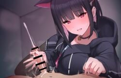 1boy animal_ears bar_censor black_choker black_hair black_hoodie black_pantyhose blue_archive blush breast_press breasts cat_choker cat_ears censored choker collarbone colored_inner_animal_ears colored_inner_hair cuddling_handjob cum ejaculation erection extra_ears female handjob highres hood hoodie kazusa_(blue_archive) large_breasts long_sleeves looking_at_viewer male multicolored_hair neckerchief nipple_stimulation pantyhose penis pink_hair pink_neckerchief pov purple_eyes short_hair small_penis small_penis_adoration straight two-finger_handjob two-tone_hair wanwangiogio