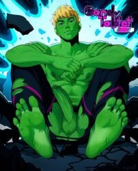 1boy alien alien_boy alien_humanoid alien_only artist_name avengers background barefoot candy_tablet ear_piercing feet feet_up foot_focus foreskin green_skin hulkling male male_focus male_only marvel marvel_comics penis ripped_pants smile smiling_at_viewer soles staring_at_viewer teddy_altman topless uncircumcised uncut young_avengers
