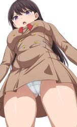 bang_dream! bang_dream!_it's_mygo!!!!! breasts brown_dress brown_hair buttons commentary_request cowboy_shot double-breasted dress from_below frown hanasakigawa_school_uniform highres long_hair looking_at_viewer medium_breasts mole mole_under_eye noshimurin open_mouth panties pantyshot purple_eyes school_uniform shiina_taki simple_background standing straight_hair thighs underwear upskirt white_background white_panties