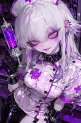 ai_generated evil_smile female gloves latex latex_clothing latex_gloves leather liquid nurse nurse_uniform piercings purple_hair syringe vampire white_hair