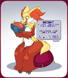 2017 anthro balls dawmino delphox disembodied_penis duo english_text female flaccid hi_res looking_at_penis lucario male nintendo penis pokemon pokemon_(species) text video_games