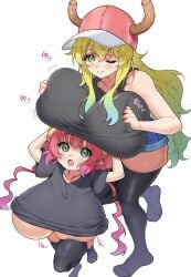 2girls arms_up big_breasts blush breasts breasts_bigger_than_head busty cap clothed clothing collarbone dragon_girl dragon_horns eyebrows_visible_through_hair female female_only gigantic_breasts green_eyes green_hair hat holding_breast horns huge_breasts ilulu_(dragon_maid) kneesocks large_breasts lifting_breasts long_hair looking_at_viewer lucoa lucoa_(maidragon) massive_breasts mik4 miss_kobayashi's_dragon_maid multiple_girls one_eye_closed pink_hair pointy_ears quetzalcoatl_(dragon_maid) shirt shortstack simple_background skindentation slit_pupils squeezing_breast standing surprised_expression taller_female taller_girl tank_top thick_thighs thighs twintails underboob voluptuous voluptuous_female white_background