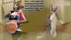 anthro arrell_(artist) belly bloated canid canine canis duo elevator fart fart_cloud fart_fetish feces feces_inside female green_fart_cloud hi_res hyena internal looking_at_another looking_back male male/female mammal nervous penny_(arrell) stuck_in_elevator tongue tongue_out wolf