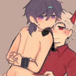 2boys ass back blush clothing collared_shirt demon demon_boy demon_horns earrings gay gay_sex heart horn horns jaki jakky(lhms) lhms2 looking_at_another looking_back male naked_male pretty_boy purple_hair red_eyes red_horns red_shirt simple_background skinny smile smirk sweat sweatdrop tear tie tied_arms tied_hands tied_up white_hair winky(lhms)
