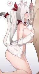 1boy absurdres animal_ear_fluff animal_ears bell blue_eyes blush breasts cat_ears cat_girl cat_tail erection female from_side grey_hair h.pn heart highres jingle_bell kneeling large_breasts long_hair maid_headdress navel neck_bell original penis penis_on_face shirt solo_focus spoken_heart straight tail testicles uncensored veins veiny_penis white_shirt