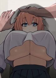 1boy animated bags_under_eyes bait_and_switch blue_eyes bouncing_breasts breasts button_prompt clenched_hand closed_eyes commentary cute_and_sexy english_commentary female god_of_war hair_between_eyes headpat highres huge_breasts long_sleeves looking_at_viewer michinoku_komaro miruyuyo nervous_sweating one_eye_closed paid_reward_available pink_hair pleated_skirt pov pov_hands school_uniform seitokai_ni_mo_ana_wa_aru! shadow shirt shirt_overhang short_hair skirt solo_focus sweat tagme underboob undersized_clothes video white_shirt