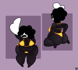 ass back_view big_ass big_butt bikini bubble_ass bubble_butt chubby chubby_female fan_character front_view golden_bikini hollow_eyes hollow_knight horn komas97 looking_at_viewer medium_breasts oc on_her_knees sassy seductive seductive_look side_view tummy vessel_(species)