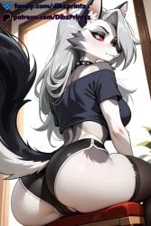 1girls ai ai_assisted ai_generated animal_ear_fluff animal_ears animal_nose anime artist_name ass ass_focus bare_shoulders black_collar black_shirt black_shorts black_thighhighs blush breasts cameltoe closed_mouth collar colored_sclera crop_top cropped_shirt dibzprintz fansly female from_behind furry furry_female grey_fur grey_hair helluva_boss hi_res high_quality high_resolution highres indoors large_breasts long_hair looking_at_viewer looking_back loona_(helluva_boss) micro_shorts off-shoulder_shirt off_shoulder partially_visible_vulva patreon_username red_eyes red_sclera shirt short_shorts short_sleeves shorts sitting snout solo spiked_collar spikes tail thighhighs thighs twitter_username watermark web_address white_fur wolf_ears wolf_girl wolf_tail