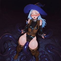 ai_generated blue_hair blush bondage captured collar gwen leopard peril_reviwer restrained_by_tentacles revealing_clothes shackles skintight_clothing tentacle tentacle_rape tentacle_sex thighhighs wizard wizard_hat yellow_eyes