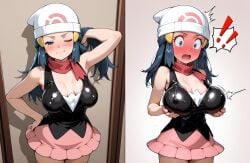 1girls ai_generated aioddity areola_slip armpit beanie before_and_after blue_eyes blue_hair blush breast_lift breast_padding closed_mouth covered_nipples cowboy_shot dawn_(pokemon) exclamation_mark fake_breasts female female_only full-face_blush hair_lift half-closed_eyes hand_on_hip looking_at_viewer looking_down one_eye_closed open_mouth pokemon pokemon_(anime) scarf shirt skirt small_breasts smug solo spoken_exclamation_mark surprised wide-eyed