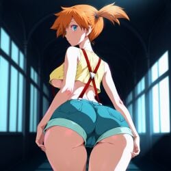 ai_generated ass backlighting blue_eyes blue_shorts chiaroscuro crop_top dark female from_behind hallway huge_ass kasumi_(pokemon) looking_back medium_breasts orange_hair pokemon short_ponytail short_shorts side_ponytail sleeveless_shirt solo suspender_shorts suspenders thick_thighs underboob wide_hips yellow_shirt