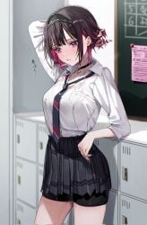 1girls ai_generated bike_shorts bike_shorts_under_skirt black_choker black_hair black_hairband black_shorts black_skirt blush breast_pocket breasts chigusa_minori choker collared_shirt commentary_request corrupted_twitter_file hair_ornament hairband highres indoors large_breasts long_sleeves multicolored_hair necktie parted_lips pocket purple_eyes purple_hair shino_to_ren shirayuki_ren shirt shirt_tucked_in short_hair shorts shorts_under_skirt skirt solo thighs two-tone_hair white_shirt