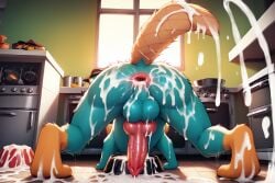 ai_generated all_fours anthro bowl_of_cum cum cum_everywhere cum_in_ass cum_on_balls cum_on_butt cum_on_feet cum_on_legs cum_on_tail cum_shot dog_bowl excessive_cum faceless_character faceless_male gapping_anus gay kitchen male orange_beak perry_the_platypus phineas_and_ferb platypus raised_tail spread_anus spread_legs teal_fur