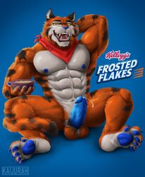 2025 5_toes abs anthro arm_hair ball_tuft balls barefoot biceps blue_background blue_nipples blue_nose blue_pawpads blue_penis body_hair bowl calf_muscles cereal container deltoids erection facial_tuft fangs feet felid food forearm_muscles front_view frosted_flakes genitals hairy_legs hand_behind_head hi_res holding_bowl holding_container holding_object humanoid_genitalia humanoid_penis kaijurah kellogg's kerchief kerchief_only looking_at_viewer male mammal manly mascot mostly_nude muscular muscular_arms muscular_legs muscular_thighs navel neckerchief neckerchief_only neckwear nipples nude obliques open_mouth orange_balls pantherine pawpads pecs penis plantigrade pubes red_kerchief red_neckerchief simple_background sitting solo spread_legs spreading striped_body stripes teeth text tiger toes tony_the_tiger triceps tuft vein veiny_muscles veiny_penis yellow_sclera
