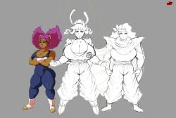 aura black_girl cape colored cosplay curvaceous curvy_female curvy_figure demonroyal dragon_ball dragon_ball_z goku_(cosplay) hazel_(demonroyal) headband huge_breasts huge_thighs ki_aura kiki_(demonroyal) long_hair makeup nose_piercing piccolo_(cosplay) plump_lips rachel_(demonroyal) rendered serious_look sketch smiling smiling_at_viewer tied_hair trio trio_female turtle_school_uniform vegeta_(cosplay) wip work_in_progress