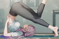 ai_generated citlali_(genshin_impact) genshin_impact no_nude one_leg_up pink_hair raaicave sunlight upside-down yoga_mat yoga_pants yoga_pose