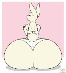 2021 anthro ass beastars big_ass bodily_fluids bra bubble_butt clothing day-tripper-guy domestic_rabbit dwarf_rabbit female fluffy fluffy_tail fur haru_(beastars) huge_ass lagomorph leporid long_ears looking_at_viewer mammal oryctolagus panties pink_background rabbit short_tail simple_background sitting solo sweat tail underwear white_body white_fur