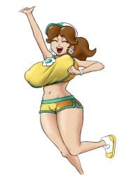 breasts brown_hair crazypizza crop_top earrings eyes_closed female hat huge_breasts mario_(series) mario_kart nintendo nipples_visible_through_clothing ponytail princess_daisy shoes shorts smile