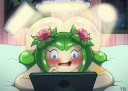 1girls 4kids_entertainment adult aged_up ass bed big_ass blush camera cosmo_the_seedrian embarrassed facecam female freckles indoor naked nude nudity seedrian sega shadowwalk shock solo sonic_(series) sonic_the_hedgehog_(series) sonic_x sunbathing tablet tms_entertainment