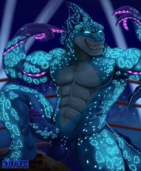2025 abs anthro balls barazoku biceps blue_eyes crowd deltoids detailed_background duo erection flexing flexing_bicep flexing_both_biceps fluorescent fluorescent_eyes genitals glowing glowing_body glowing_eyes glowing_markings grin grinning_at_viewer group hi_res humanoid_genitalia humanoid_penis kaiju kaijurah knee_up looking_at_viewer male manly markings monster muscular muscular_arms muscular_legs muscular_thighs navel nude obliques pecs penis public public_nudity rumble_(movie) smile stepping_on_another tentacle_arms tentacle_hands tentacular_(rumble) triceps wrestler wrestling