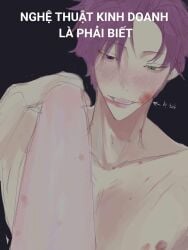 1boy 1girls blood_on_face blush collarbone dark_background different_eye_color female_pov green_eye hickey jaki leg_grab lhms male male/female mary(lhms) muscular muscular_male nipples pov purple_eye purple_hair scar shirtless simple_background slap slap_mark straight thighs unseen_female_face upper_body vietnamese_text violet(lhms)