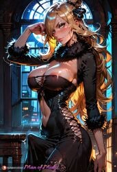 ai_generated areola_slip belt black_shirt blonde_hair cleavage cynthia_(pokemon) erect_penis erection erection_under_clothes erection_under_dress futa_only futanari large_breasts makeup manofmidas navel pokemon pokemon_oras pokemon_rse ponytail yellow_eyes