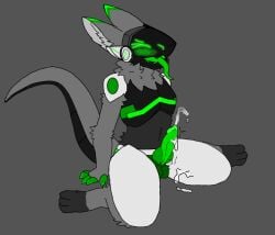 anthro balls belly blush bodily_fluids claws cum cumshot ejaculation femboy flufter genital_fluids genitals knot machine male nude paws penis protogen solo tail tongue toundra77