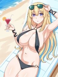 1girls areola_slip arm_up armpits beach big_breasts bikini black_bikini blonde_hair blue_eyes blush breasts busty cleavage covered_nipples drink erect_nipples_under_clothes female female_only highres large_breasts legs long_hair looking_at_viewer navel neptunia_(series) ocean open_mouth parted_lips pose posing sensual sexy sexy_pose sideboob solo sunglasses_on_head swimsuit thick_thighs thighs tongue underboob vert very_long_hair voluptuous water