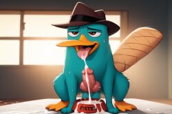 ai_generated all_fours anthro bowl_of_cum cum cum_on_floor dog_bowl dripping_cum gay male orange_beak orgasm_face penis perry_the_platypus phineas_and_ferb platypus spread_legs sweat teal_body tongue_out