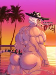 2025 2_horns 5_fingers anthro back_muscles big_muscles big_pecs black_stripes body_hair butt_hair chest_hair cr4zydonuts1 demon dialogue english_description english_text exclamation_point facial_hair fingers hair helluva_boss hi_res horn huge_muscles male moustache muscular muscular_anthro muscular_arms muscular_male muscular_thighs nude_anthro nude_male palm_tree partially_submerged pecs plant rear_view sharp_teeth smile solo spade_tail spiked_tail spikes spikes_(anatomy) striker_(helluva_boss) striped_horn stripes sunset tail teeth text toothpick tree white_hair