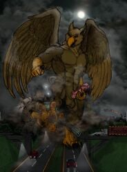 4_toes 5_fingers abs anthro avian balls beak biceps blood bodily_fluids bridge building car carpo city city_destruction claws colored crush crushed_vehicle cum destruction erection explosion extreme_size_difference feathered_wings feathers feet finger_claws fingers foot_crush footprint fur genital_fluids genitals gore graphite_(artwork) gryphon hi_res highway humanoid_genitalia humanoid_penis kick macro macro_anthro macro_male male masturbation moon muscular muscular_anthro muscular_male mythological_avian mythological_creature mythology night nude outside pawpads pawprint paws pecs penile penile_masturbation penis pyronite(commissioner) rampage size_difference sky smile solo stomping tail toe_claws toes traditional_media_(artwork) vehicle vehicle_destruction vein veiny_penis walking wings x4vier