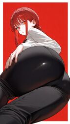 1girls ass_focus ass_grab big_ass black_pants braid braided_ponytail chainsaw_man clothed clothing drowsy_sheep female female_only fully_clothed grabbing_own_ass huge_ass long_sleeves looking_at_viewer looking_back lying makima_(chainsaw_man) office_lady on_side pants red_background red_hair shirt simple_background solo white_shirt yellow_eyes