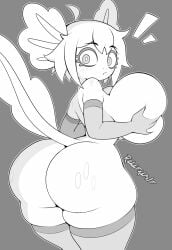 axolotl elbow_gloves embarrassed grabbing_own_breast huge_ass huge_breasts looking_back monochrome nude rollerlane shocked surprised thigh_highs thighhighs vitzy_(vitzypie) vitzypie