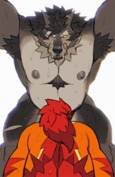 anal anal_sex anthro areola armpit_tuft ass ass_up big_fangs big_muscles blaze_(marking) bodily_fluids bruno_(rossciaco) canid canine canis chest_tuft countershade_torso countershading crowvy duo facial_markings fangs fluffy fluffy_tail from_behind_position front_view fur grey_body grey_fur head_markings hi_res licking licking_lips looking_at_another male male/male mammal mane markings multicolored_body multicolored_fur muscular muscular_anthro muscular_male nipples nude nude_anthro nude_male orange_body orange_fur penetration red_body red_fur rossciaco ruff sex simple_background solo standing standing_doggystyle standing_sex sweat sweatdrop tail teeth tongue tongue_out tuft white_background wolf yellow_body yellow_fur yellow_sclera