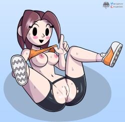 ankle_socks anklehighs artist_logo belly_button bike_shorts black_shorts blue_background blush brown_hair color colored female female_only fours_(artist) functionally_nude functionally_nude_female hole_in_shorts lifting_shirt light-skinned_female light_skin looking_at_viewer m_legs medium_breasts mii mii_gunner mii_gunner_(smash_4) mob_face nintendo no_sex orange_shirt orange_shoes pink_anus pink_socks puffy_anus shaded shiny_shorts shirt shirt_lift shoes shorts showing_breasts showing_off showing_pussy simple_background sneakers socks socks_and_shoes solid_color_background spread_legs steamy_pussy super_smash_bros. super_smash_bros._for_nintendo_3ds_and_wii_u sweat sweating sweaty torn_clothes watermark white_socks