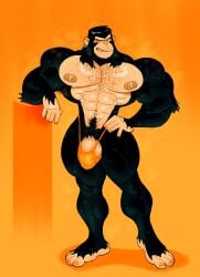 2024 abs abstract_background anthro ape barely_contained body_hair chest_hair chimpanzee clothed clothing ear_piercing ear_ring facial_hair feet haplorhine hi_res looking_at_viewer male mammal mezcal_(artist) muscular muscular_anthro muscular_male navel nipple_piercing nipples pan_(genus) pecs piercing plantigrade primate pubes ring_piercing shoegaze. sideburns simion skimpy solo thong thong_only toes topless underwear underwear_only