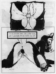 all_fours anthro anus ass_to_ass black_and_white black_fur bottle comic dildo double_dildo duo female fur improvised_dildo improvised_sex_toy james_m_hardiman mammal messy monochrome nicole_(jmh) nude onyx_(jmh) sex_toy traditional_media_(artwork) yuri