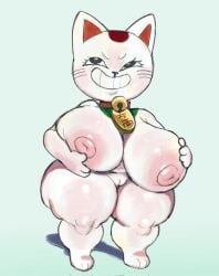 anthro areola bell bell_collar big_breasts black_eyes blue_background breasts collar dandadan domestic_cat eyelashes felid feline felis female front_view fur genitals huge_breasts mammal nipples nude pincparti pink_areola pink_nipples pussy short_stack simple_background smile solo thick_thighs turbo_granny_(dandadan) whiskers white_body white_fur wide_hips
