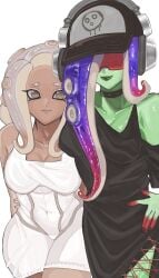 acht_(splatoon) agent_8_(side_order) agent_8_(splatoon) alternate_costume black_dress bodysuit breasts cap cleavage covered_navel dress female hat large_breasts lewa_nn nintendo octoling octoling_girl official_alternate_costume sanitized_(splatoon) shades short_hair simple_background splatoon splatoon_3 splatoon_3:_side_order tentacle_hair thick_thighs thighs white_background