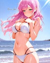 2025 ai_generated akari_watanabe anime_style beach belly closed_eyes green_eyes instagram kiriri_channn meta more_than_a_married_couple,_but_not_lovers not_porn pink_cheeks pink_hair teeth_showing tummy wet_bikini wet_body wet_skin white_bikini white_headband