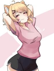 :3 ahoge animal_ear_fluff animal_ears arms_behind_head arms_up bangs black_shorts blonde_hair breasts cat_ears closed_mouth cowboy_shot eyebrows_visible_through_hair female hair_ornament hairclip heart looking_at_viewer medium_breasts pink_shirt red_eyes shirt short_shorts short_sleeves shorts smile solo squchan_(vtuber) standing striped striped_background twintails vyugen