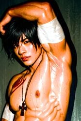 3d ai ai_art ai_assisted ai_generated arm_bandages armpit_fetish armpit_focus armpits bandage chest_tattoo cosplay fairy_tail gay gray_fullbuster male male_focus male_only necklace showing_armpits solo_male sweat sweatdrop sweaty sweaty_body