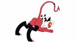 2d_animation all_fours animated anus ass ass_up balls big_butt black_choker black_clothing black_eyes black_footwear black_horn black_jewelry black_necklace black_socks blinking bouncing_butt choker clothed clothing crossed_arms darkleystudios demon erection footwear genitals glans hair helluva_boss hi_res horn humanoid humanoid_genitalia humanoid_penis imp jewelry legwear looking_at_viewer looking_back male moxxie_(helluva_boss) necklace not_furry penis perineum red_anus red_balls red_glans red_perineum simple_background socks solo spade_tail striped_horn stripes tail thigh_highs thigh_socks toeless_footwear toeless_socks topless twerking white_background white_hair yellow_sclera