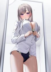 1girls ass_visible_through_thighs blue_eyes blue_panties blush breasts chigusa_minori cleavage closed_mouth collared_shirt commentary_request from_below grey_hair hair_ornament hairclip highres large_breasts long_hair long_sleeves looking_at_viewer no_pants panties partially_unbuttoned saotome_shino_(shino_to_ren) shino_to_ren shirt solo standing thighs underwear white_shirt