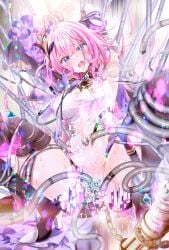 armpits arms_up black_boots black_shorts blue_eyes blush boots breasts cable clothing_cutout commentary_request commission detached_sleeves elf elysia_(honkai_impact) elysia_(miss_pink_elf)_(honkai_impact) female glitch hair_between_eyes hair_ornament high_heel_boots high_heels highres honkai_(series) honkai_impact_3rd long_hair looking_at_viewer macarony pink_hair pink_pupils pointy_ears puffy_sleeves restrained sex_machine shirt short_shorts shorts side_cutout skeb_commission smile stationary_restraints sweat teeth tentacle tentacle_sex thighs upper_teeth_only white_background white_shirt