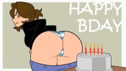 alternate_version_available animated birthday birthday_cake blowing_out_candles brown_hair bubble_butt cake fart farting farting_on_food fat_ass female gif gongaga grunting huge_ass looking_back oddtenn panties pants_down reese_(oddtenn)