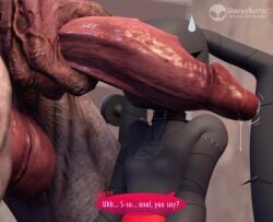 3d_(artwork) anthro balls beltz_(jumpbreak96) big_ears big_penis breasts choker demon demon_humanoid dialogue digital_media_(artwork) doom_(series) duo eyelashes female floppy_ears genitals grey_body hell_knight hi_res huge_cock humanoid id_software imminent_sex jewelry lagomorph larger_male leporid long_ears lop_ears male mammal microsoft necklace penis penis_on_face rabbit seam_(sewing) sharpybutts size_difference small_breasts smaller_female speech_bubble stitch_(sewing) text